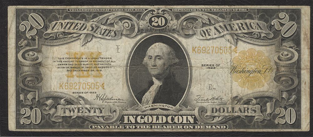 1922 $10 Gold Certificate, K69270505, VF